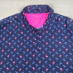Birdie Bound Polo Shirt Mens XL Blue Flamingo Print Golf Performance Stretch